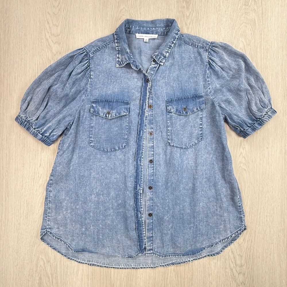 Button Down Shirt Jane + Delancey Womens Medium Blue Puff Sleeve Chambray